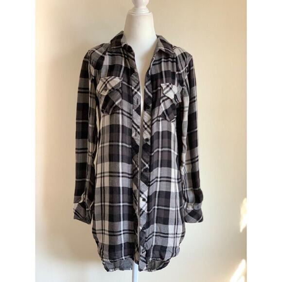 Rails Plaid Flannel Long Line Tunic Shirt Size XS Black Grey Grunge 90s Punk - Picture 1 of 12